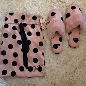 Victoria's Secret Pink and Black Polka Dot Slippers with matching bag